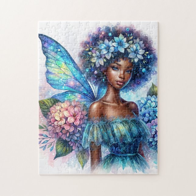 Quebra-cabeça Fada de Pele Escura com Afro e Puzzle de Hortênsia (Vertical)