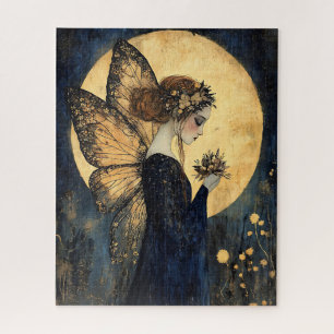 Quebra-cabeça Fada Noturna Mágica com Flores Sob Lua Ouro