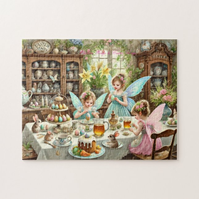 Quebra-cabeça Fairy Easter Kitchen Whimsical Tea Party Scene (Horizontal)
