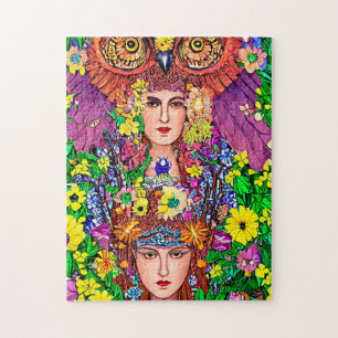 Quebra-cabeça Fairy Princess Sisters Owl - Arte original nouveau