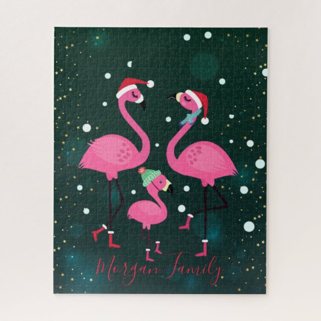 Quebra-cabeça Família Adorável Flamingos Santa Hat Verde (Vertical)