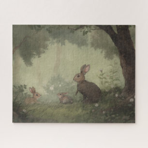 Quebra-cabeça Família de Coelhos em Floresta em Estilo Aquarela 