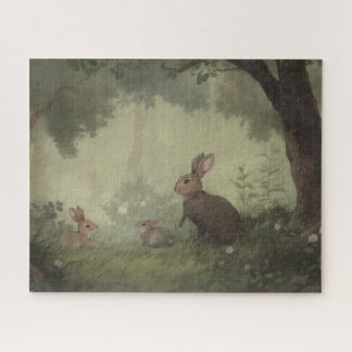 Quebra-cabeça Família de Coelhos em Floresta em Estilo Aquarela 