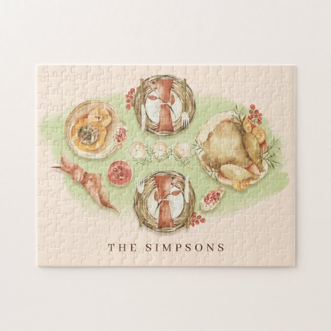 Quebra-cabeça Família de Janto de Ação de Graças de Aquarela (Horizontal)