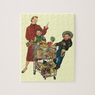 Quebra-cabeça Família Retro, Mãe e Crianças Carrinho de Compras