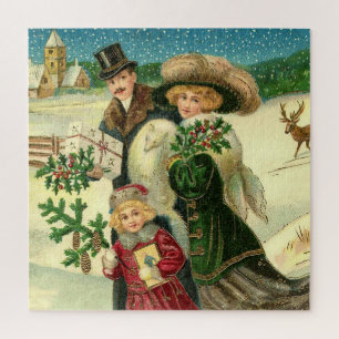 Quebra-cabeça Família vitoriana na cena de Natal da neve