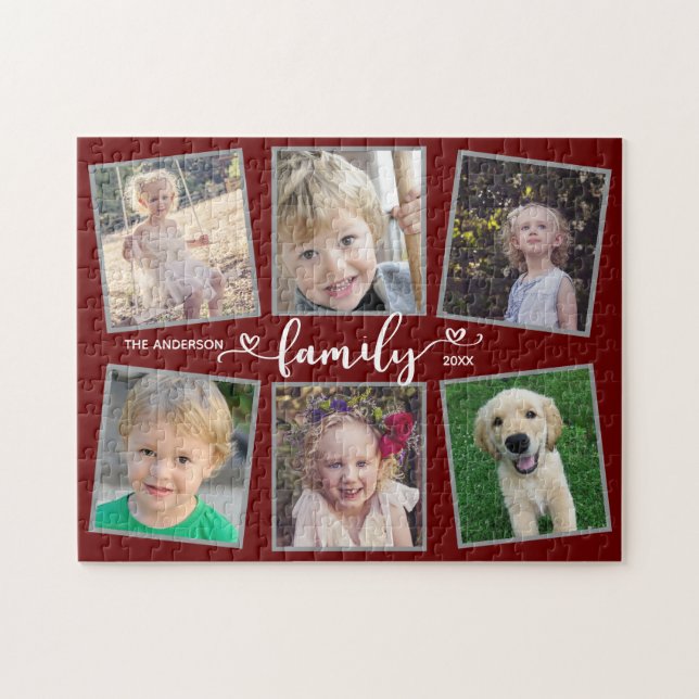 Quebra-cabeça Family Script Hearts Dark Red Photo Collage (Horizontal)