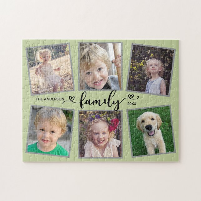 Quebra-cabeça Family Script Hearts Green Photo Collage (Horizontal)