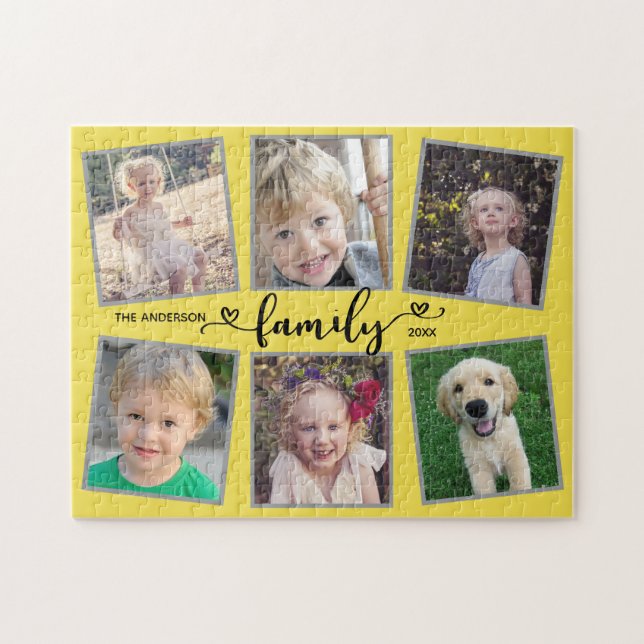 Quebra-cabeça Family Script Hearts Yellow Photo Collage (Horizontal)