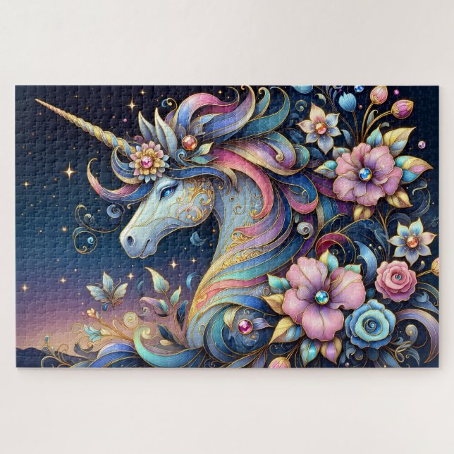 Quebra-cabeça Fantasia Noturna de Unicórnio Floral (Horizontal)