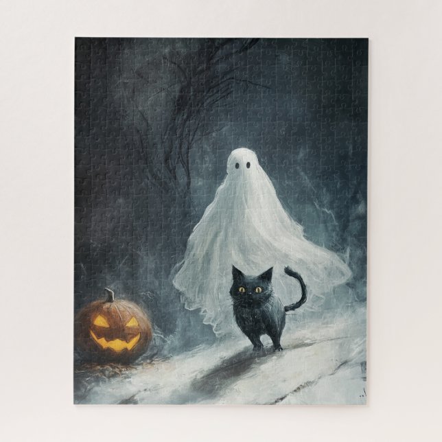 Quebra-cabeça Fantasma das Halloween e Gato Negro (Vertical)