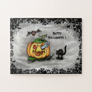 Quebra-cabeça Fantasma, Gato, Bat e Pumpkin, Feliz Halloween!