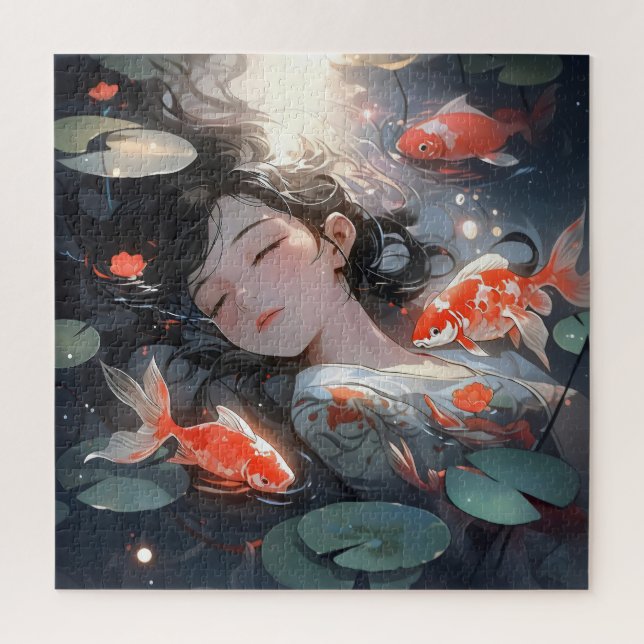 Quebra-cabeça Fantasy Anime Girl and Carps (Vertical)