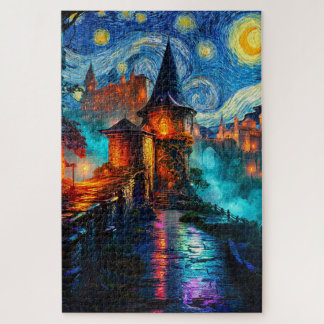Quebra-cabeça Fantasy Castle Starry Night Magical Painting