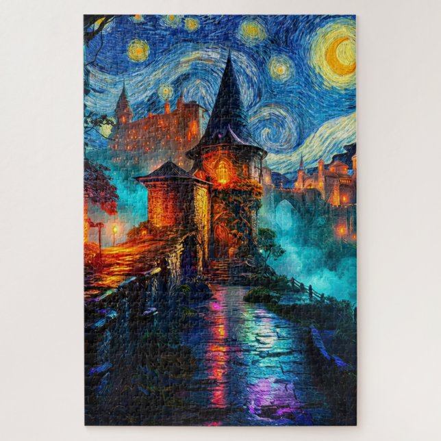 Quebra-cabeça Fantasy Castle Starry Night Magical Painting (Vertical)