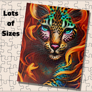 Quebra-cabeça Fantasy Lepard Face, Aqua Cor de Rosa Laranja