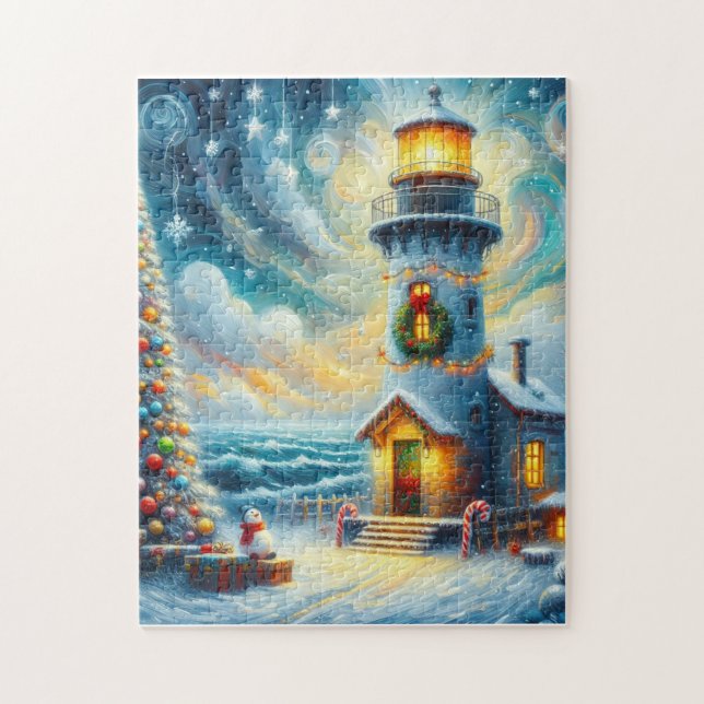 Quebra-cabeça Farol de Árvore de Natal Azul Costeiro Náutico (Vertical)