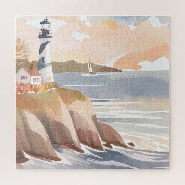 Quebra-cabeça Farol na Costa | Oceano em Aquarela (Horizontal)
