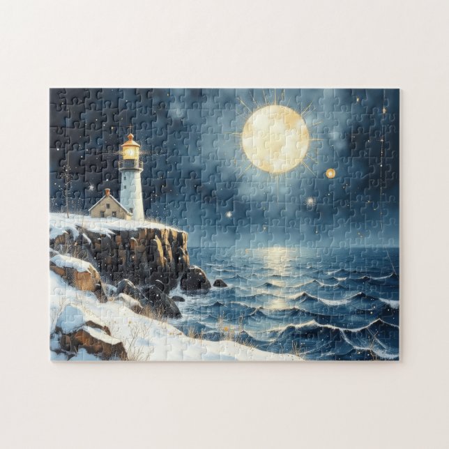 Quebra-cabeça farol pintado de inverno (Horizontal)