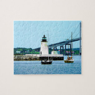 Quebra-cabeça Farol, ponte e barcos, Newport, RI