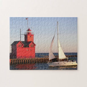 Quebra-cabeça Farol vermelho de Michigan com veleiro