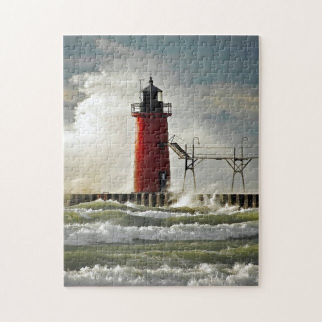 Quebra-cabeça farol vermelho na tempestade de vento (Vertical)