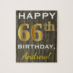 Quebra-cabeça Faux Wood, Faux Dourado 66.o aniversário + nome pe