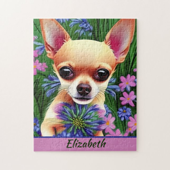 Quebra-cabeça Fawn Chihuahua Puppy no Prado Flor Personalizado (Vertical)