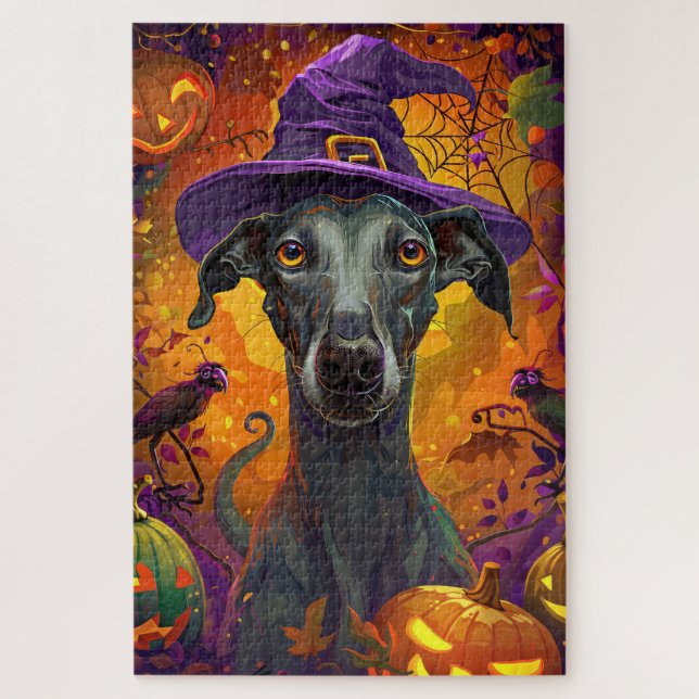 Quebra-cabeça Feiticeira de Halloween e Abóbora de Cachorro Grey (Vertical)