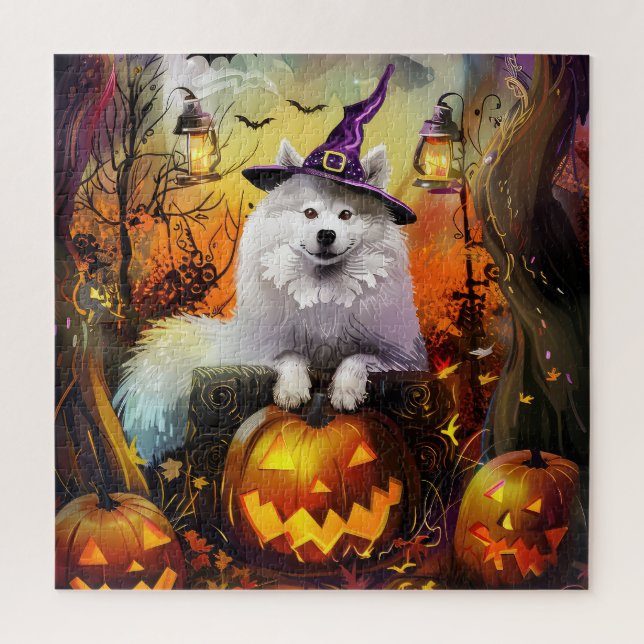 Quebra-cabeça Feiticeira de Halloween e Abóbora Samoyed Samoyed (Vertical)