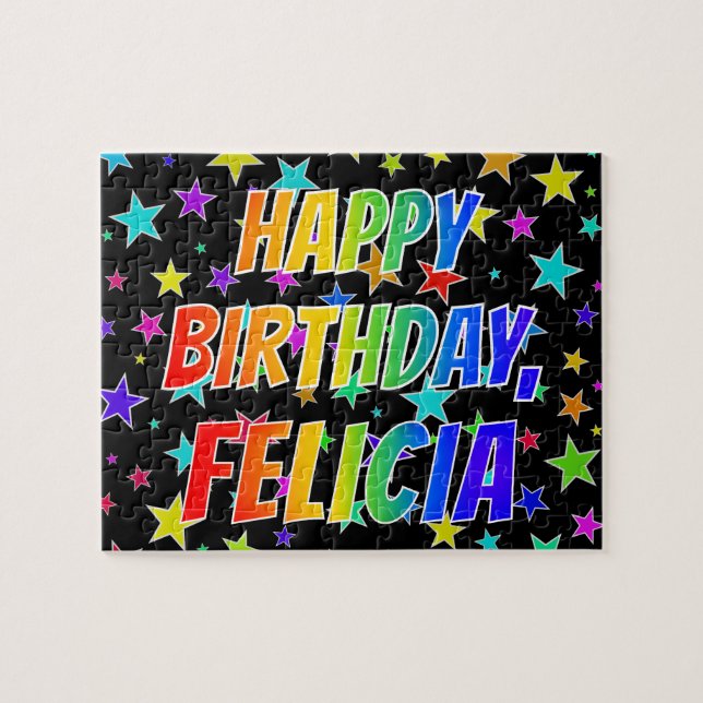 Quebra-cabeça "FELICIA" Primeiro Nome, Diversão "FELIZ ANIVERSÁR (Horizontal)