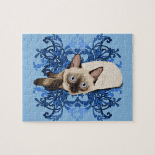 Quebra-cabeça Felino bonito floral azul elegante do gato Siamese