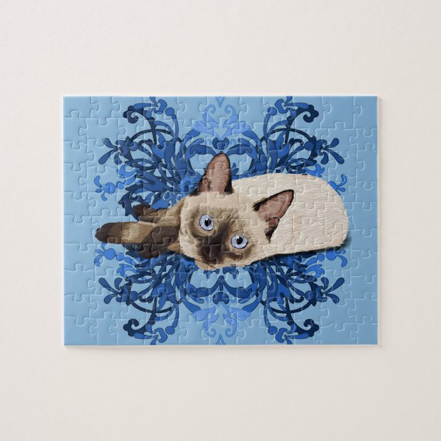 Quebra-cabeça Felino bonito floral azul elegante do gato Siamese (Horizontal)