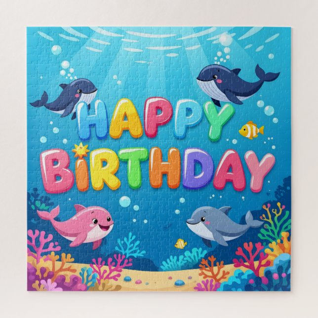 Quebra-cabeça Feliz aniversário fofo golfinho náutico (Vertical)