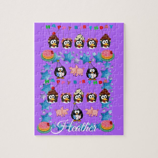 Quebra-cabeça Feliz Aniversário Pinguim Rosa Suíno (Vertical)