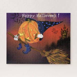 Quebra-cabeça Feliz Bruxa de Halloween que Pumpkin voa com vasso