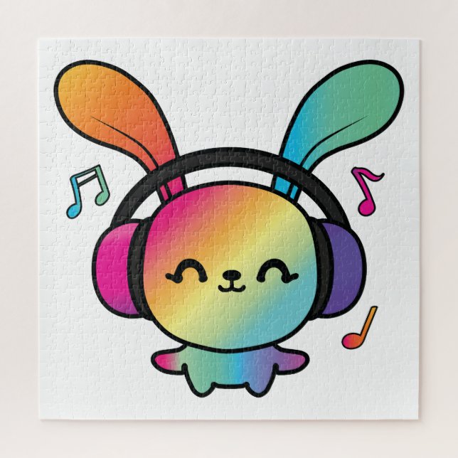 Quebra-cabeça Feliz Bunny com fones de ouvido ouvindo música. (Vertical)