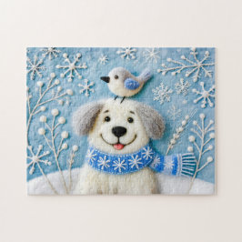 Quebra-cabeça Feliz Cão na Neve com Scarf e Pássaro