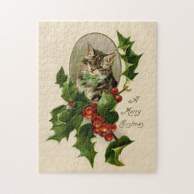 Quebra-cabeça Feliz de Natal Holly Kitten Arte Antiquada (Vertical)