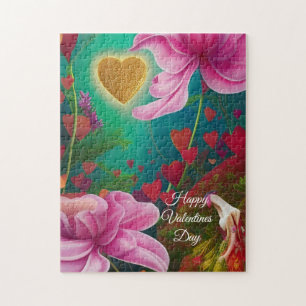 Quebra-cabeça Feliz Dia dos Namorados - Flores e Corações Rosa
