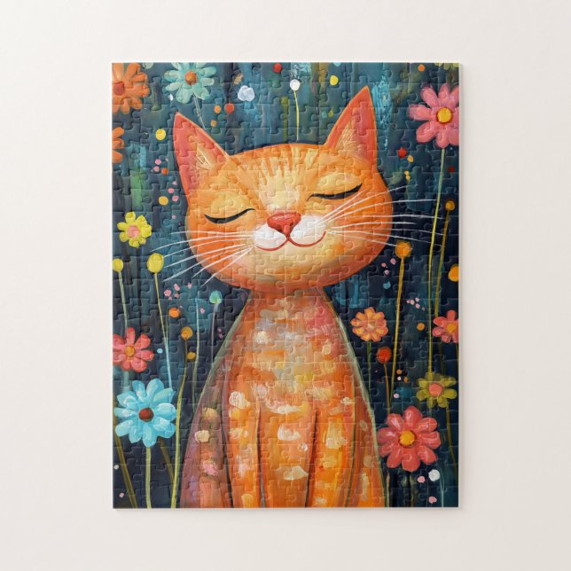 Quebra-cabeça Feliz Flor de Gato Laranja (Vertical)