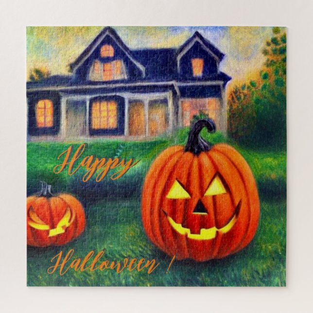 Quebra-cabeça Feliz Halloween - abóboras em frente a uma casa  (Vertical)