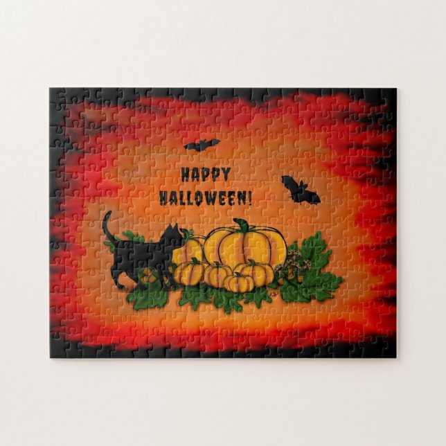 Quebra-cabeça Feliz Halloween, Gato Preto, Morcego e Abóbora (Horizontal)
