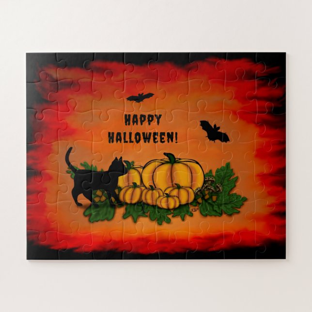 Quebra-cabeça Feliz Halloween, Gato Preto, Morcego e Abóbora (Horizontal)