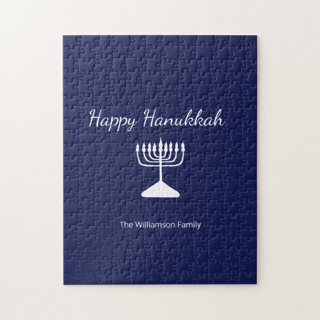 Quebra-cabeça Feliz Hanukkah Simple Menorah Marinho Azul (Vertical)