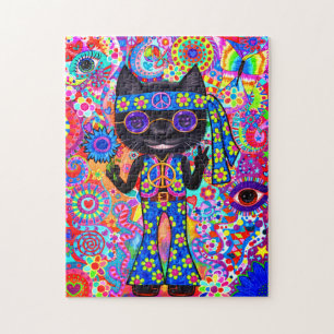 Quebra-cabeça Feliz Hippie Cat Sunglass Sinal de Paz Flor dos an