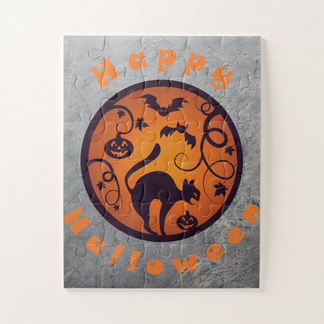 Quebra-cabeça Feliz lanterna do Halloween aranhas e morcegos neg (Vertical)