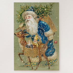 Quebra-cabeça Feliz Natal, Cartão Antigo, Papai Noel e Rena