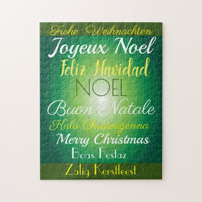 Quebra-cabeça Feliz Natal! Em muitas línguas em verde (Vertical)