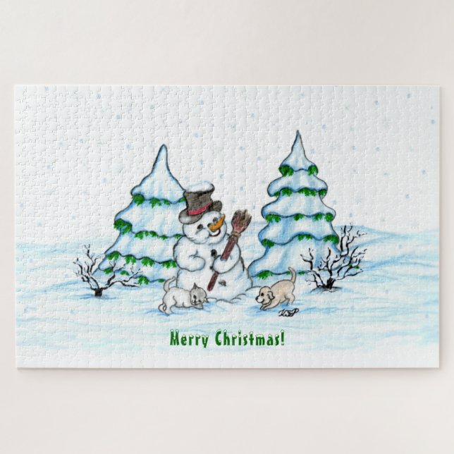 Quebra-cabeça Feliz Natal! Neve com Cat e Puppy (Horizontal)